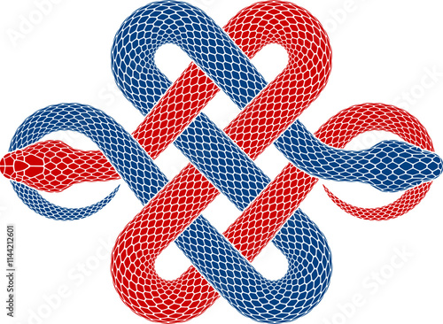 Vector tattoo design of two intertwined snakes biting their tails in the form of endless knot symbol. Isolated black serpent silhouette as buddhist infinite sign.