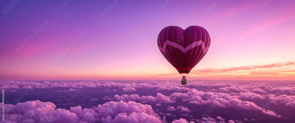 Fototapeta premium A hot air balloon floats above pink clouds at sunset