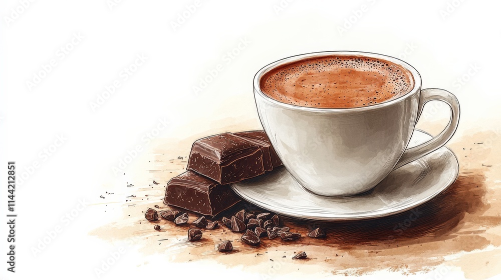 Obraz premium Hot Chocolate in a White Cup Surrounded by Dark Chocolate Pieces and Cocoa Powder on a Light Background Perfect for Winter Treats and Cozy Moments