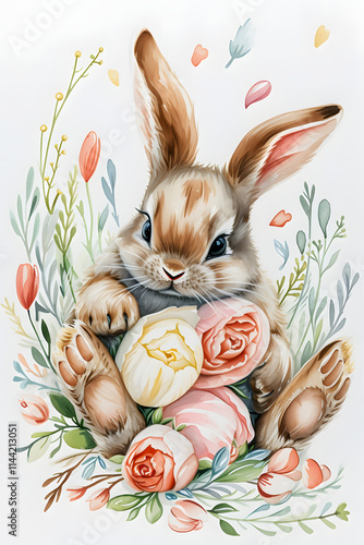 Adorable Watercolor Illustration of Easter Bunny Surrounded by Flowers and Eggs