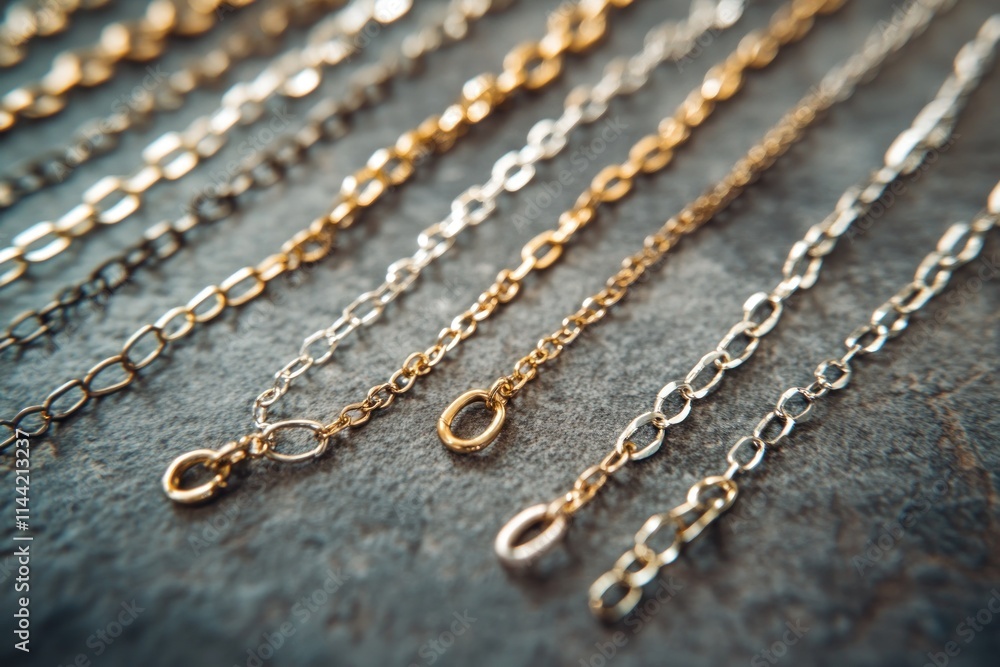 Rows of gold, silver, and dark chain necklaces lay flat. Rows of gold, silver, and dark chain necklaces lay flat.