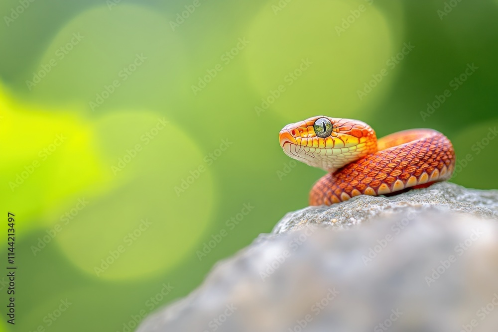 Orange snake coiled on rock, bokeh background. Orange snake coiled on rock, bokeh background.