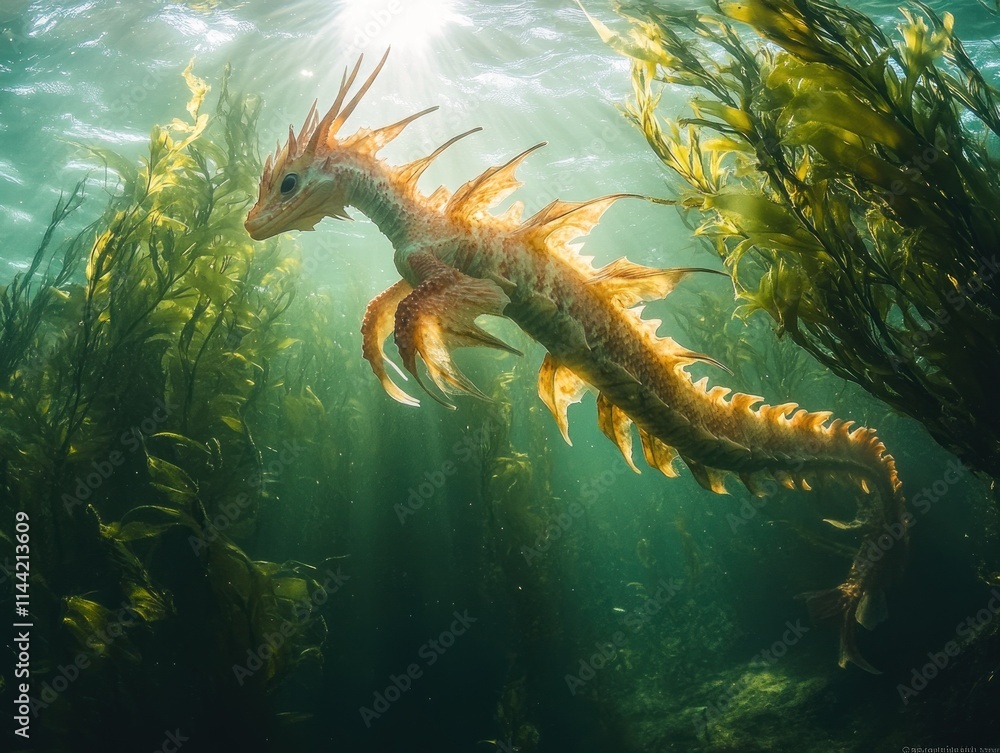 A mythical creature swims in kelp forest under sunlight. A mythical creature swims in kelp forest under sunlight.