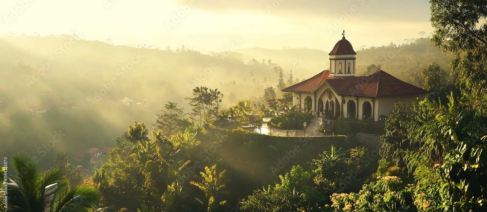 Mosque on a hilltop surrounded by lush greenery, bathed in golden sunrise light. Mosque on a hilltop surrounded by lush greenery, bathed in golden sunrise light.