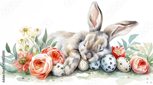 Adorable Watercolor Illustration of Easter Bunny Surrounded by Flowers and Eggs