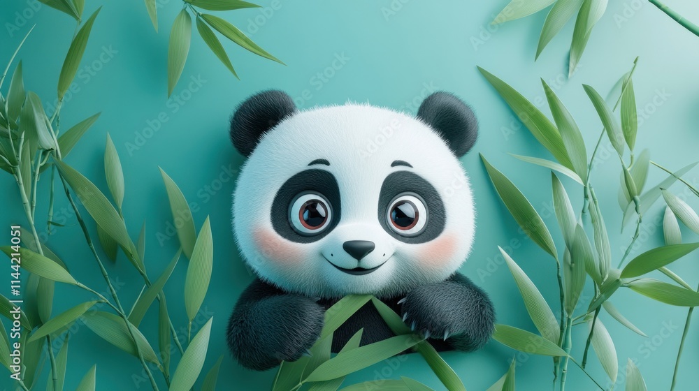 Cute panda with blush, peering from bamboo leaves. Cute panda with blush, peering from bamboo leaves.