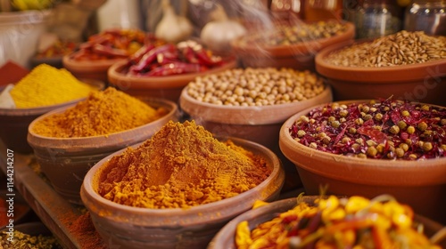 Assorted colorful spices and grains in wooden bowls