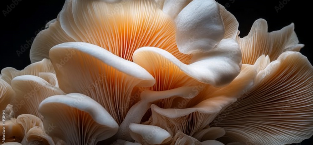 A close-up of delicate, layered mushroom gills with soft orange and white hues. A close-up of delicate, layered mushroom gills with soft orange and white hues.