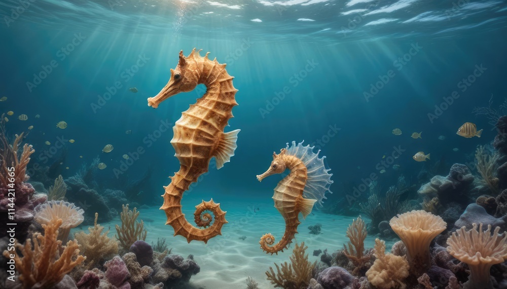 Underwater scene with two seahorses amidst vibrant coral and sea life in shallow, sunny waters near a reef. Underwater scene with two seahorses amidst vibrant coral and sea life in shallow, sunny waters near a reef.