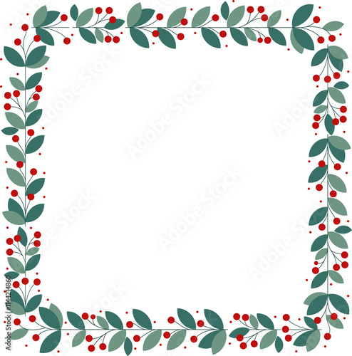 Square Frame Wreath With Beautiful Red Cherry Berries And Green Leaves