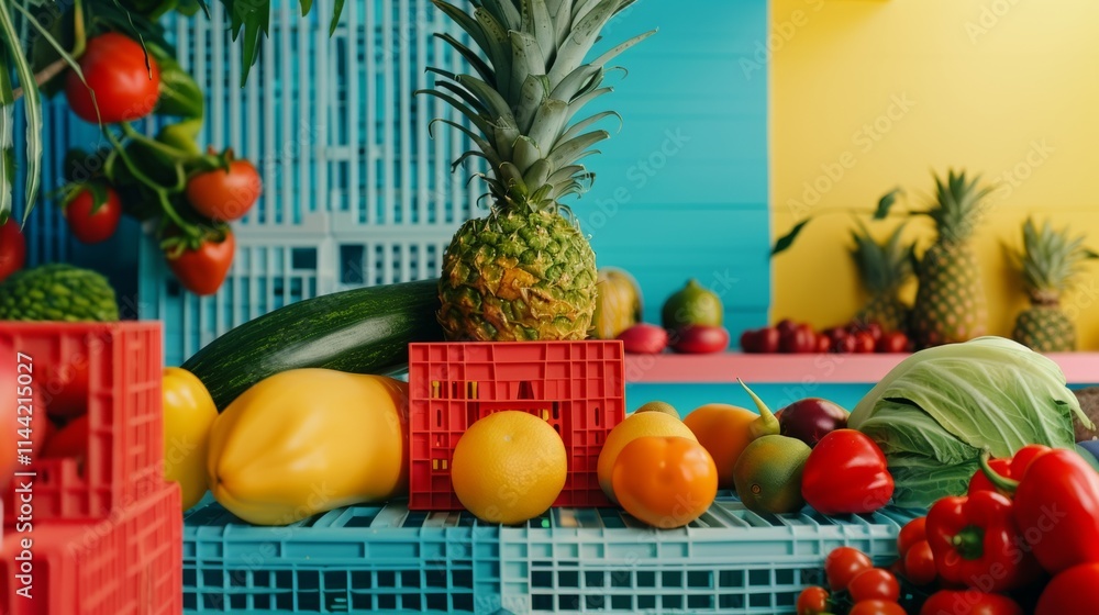 Colorful display of fresh fruits and vegetables on vibrant backgrounds Colorful display of fresh fruits and vegetables on vibrant backgrounds