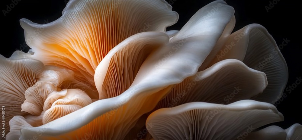 Close-up of delicate, layered mushrooms with soft lighting and intricate details. Close-up of delicate, layered mushrooms with soft lighting and intricate details.