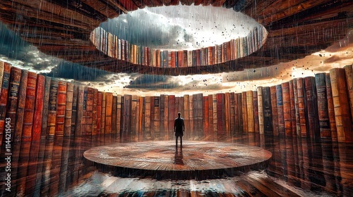 A solitary figure stands in a surreal library amidst falling rain, evoking introspection.