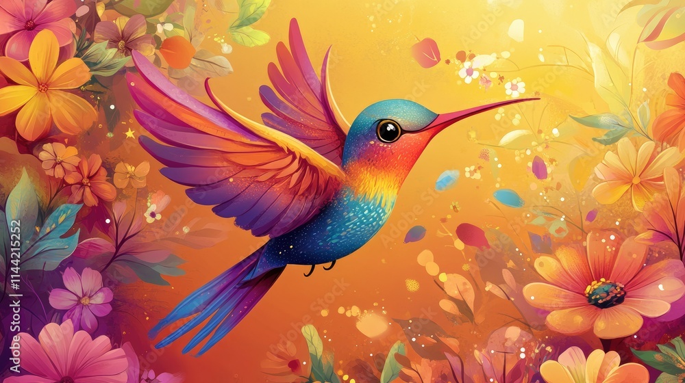 Fototapeta premium Colorful Hummingbird in Flight Surrounded by Vibrant Flowers and Lush Botanic Elements Against a Warm, Radiant Background of Orange and Yellow Hues