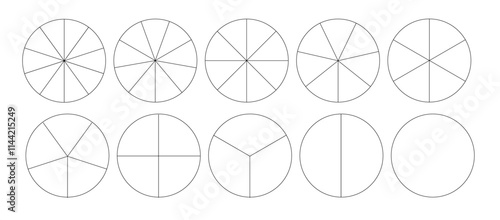 Segmented circles isolated on a white background. A different number of sectors divides the circle into equal parts. Vector