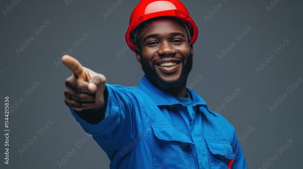 Smiling worker points at viewer, wearing hard hat, blue overalls. Smiling worker points at viewer, wearing hard hat, blue overalls.