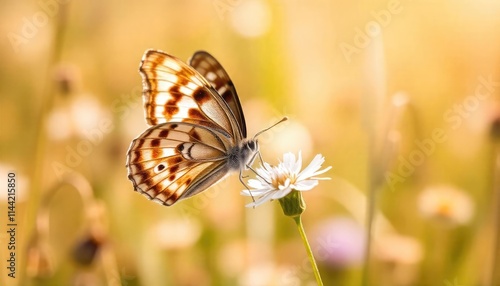 Small orange and black butterfly perched on a single flower in a meadow or field setting, symbolizing nature's beauty and pollination.