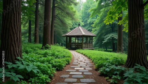 Serene Japanese-style gazebo in lush forest surroundings, perfect for contemplation and relaxation amidst nature's peaceful atmosphere.