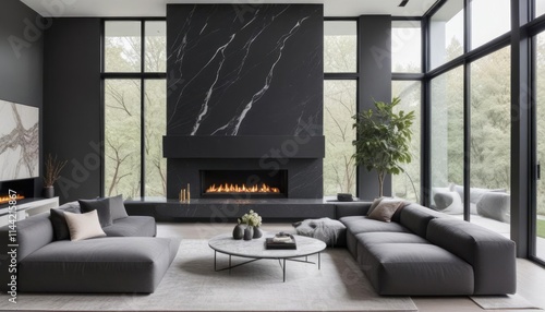 Modern living room interior with glass coffee table, marble accents, and natural stone features, surrounded by lush greenery.