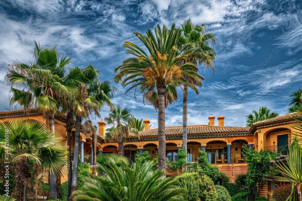 Garden Palm. Tropical Hotel with Palm Trees and Sky in Spain Garden Palm. Tropical Hotel with Palm Trees and Sky in Spain