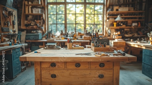 A bright workshop filled with tools and woodworking supplies. photo