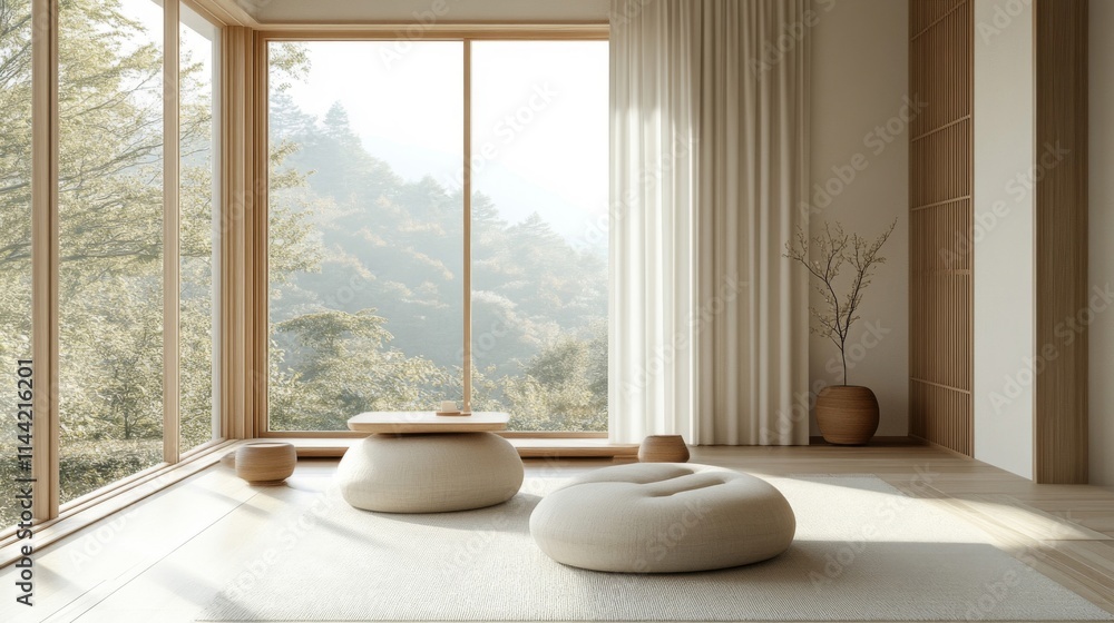 Serene Minimalist Living Room With Mountain View Serene Minimalist Living Room With Mountain View