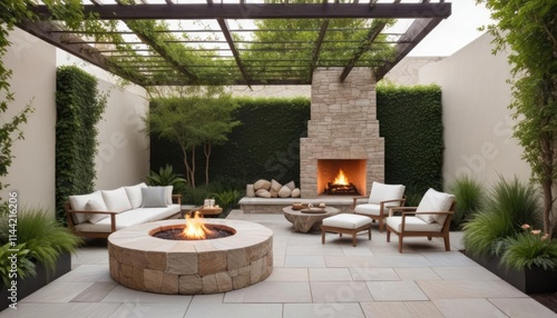 Relaxing outdoor patio with fire pit, comfortable seating, and natural elements creating a tranquil atmosphere.