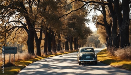 Vintage classic car parked on suburban road with well-maintained trees and sunny weather.
