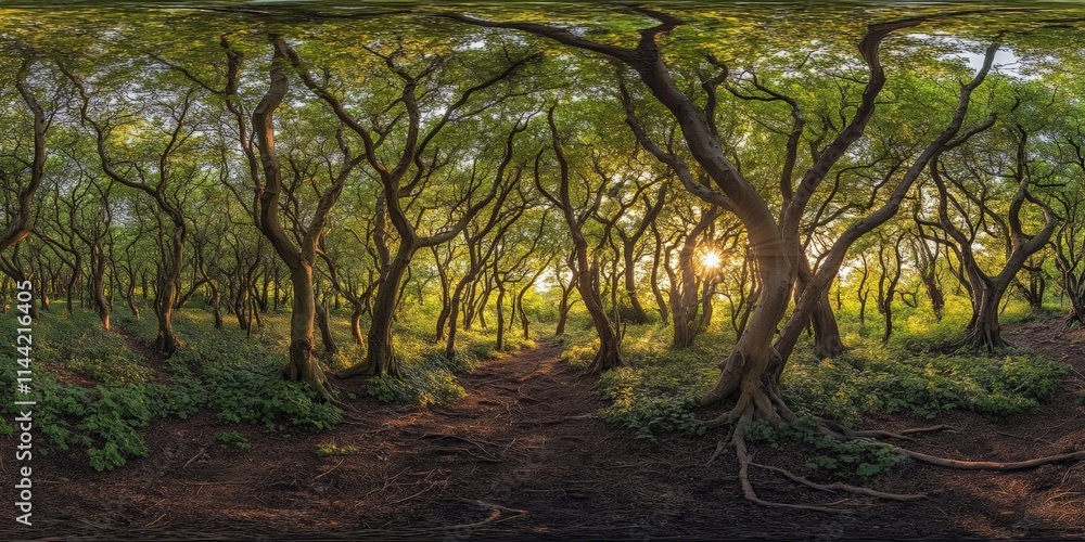 Naklejka premium A serene forest scene with sunlight streaming through vibrant green trees and lush vegetation, inviting exploration and peace.