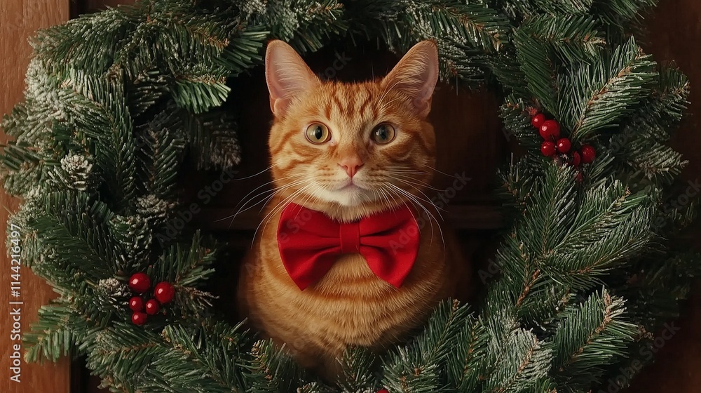 A ginger cat in a festive red bow tie poses inside a circular pine wreath for Christmas decoration A ginger cat in a festive red bow tie poses inside a circular pine wreath for Christmas decoration