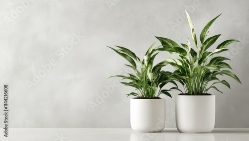 Two white pots with green plants on the table against a light gray wall background, copy space concept for home interior design and decor, banner mockup or presentation, copy space concept. photo