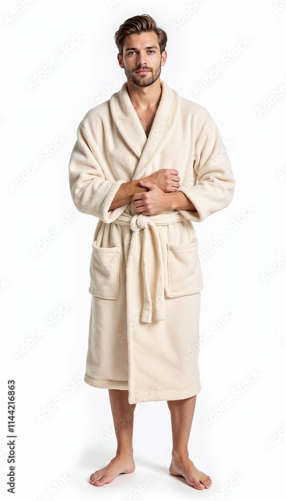 Handsome man in beige bathrobe full length portrait for spa and hotel advertising Handsome man in beige bathrobe full length portrait for spa and hotel advertising