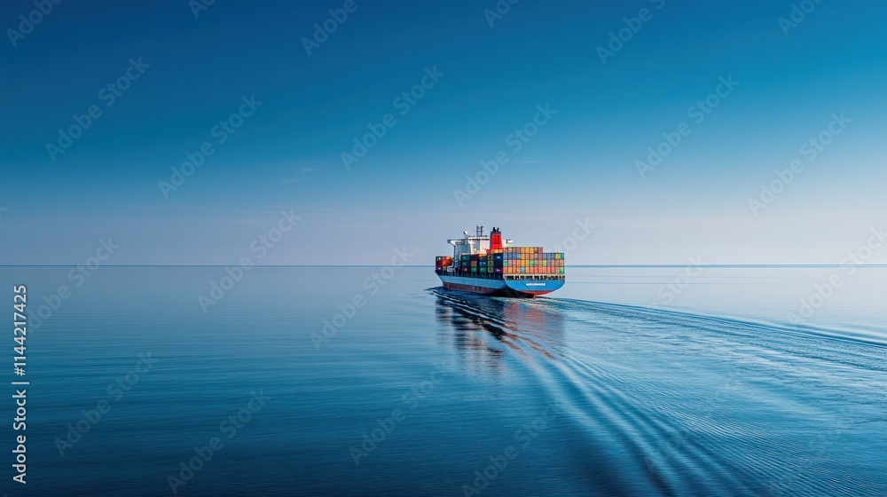 Cargo ship sails across calm ocean under clear sky. Cargo ship sails across calm ocean under clear sky.