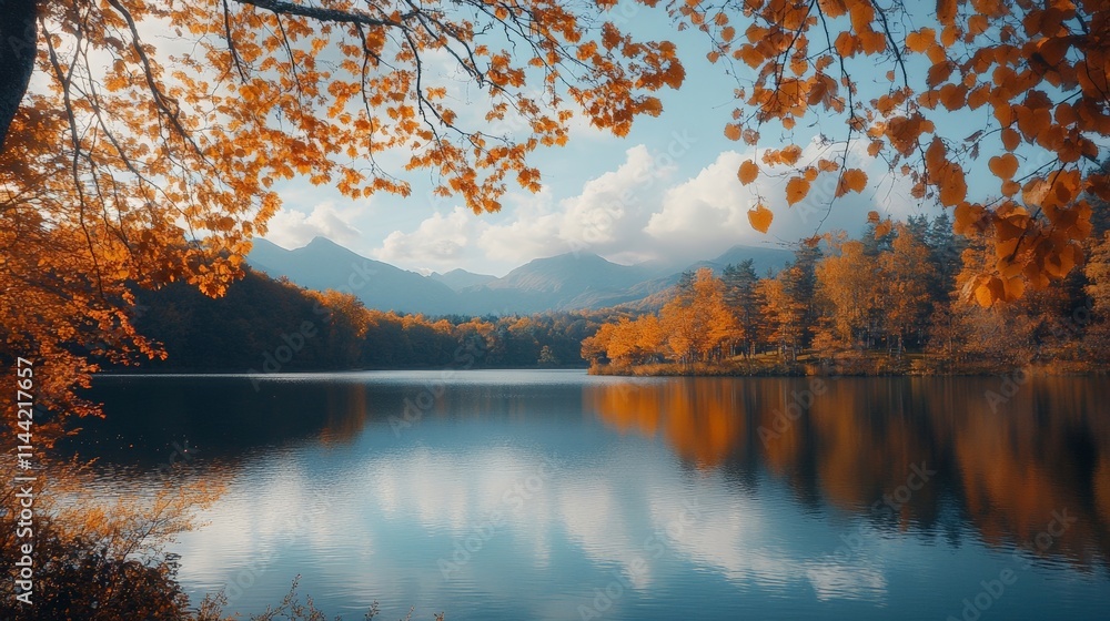 Fototapeta premium Stunning autumn lake view with vibrant leaves and mountains reflecting on calm water under a bright sky.