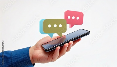 A hand holding a mobile phone with the chat, message icon on the white background. Resources for website, edit—technology concept.