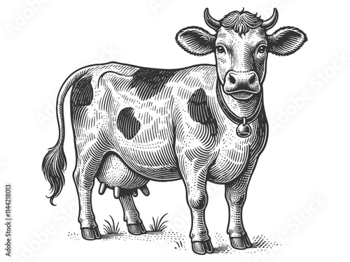 dairy cow with horns, spots, and a bell around its neck, symbolizing farm life and agriculture sketch engraving generative ai vector illustration. Scratch board imitation. Black and white image.