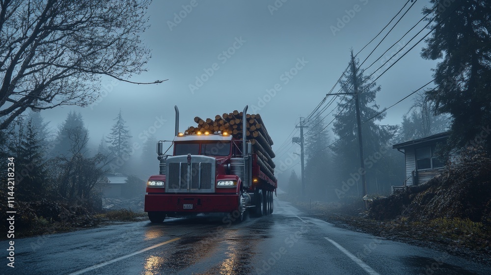 Red Semi-Truck Hauling Logs on a Foggy Forest Road, Industrial Transportation in Remote Areas Red Semi-Truck Hauling Logs on a Foggy Forest Road, Industrial Transportation in Remote Areas