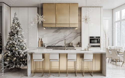 A modern kitchen with a custom gold-finished range hood, elegant bar stools, and a Christmas tree with luxury white and silver decor photo