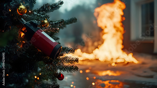 Extuinguishing a fire on a burning christmas tree photo