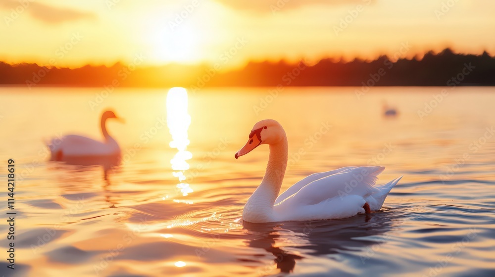 A swan is swimming in a lake with the sun setting in the background A swan is swimming in a lake with the sun setting in the background