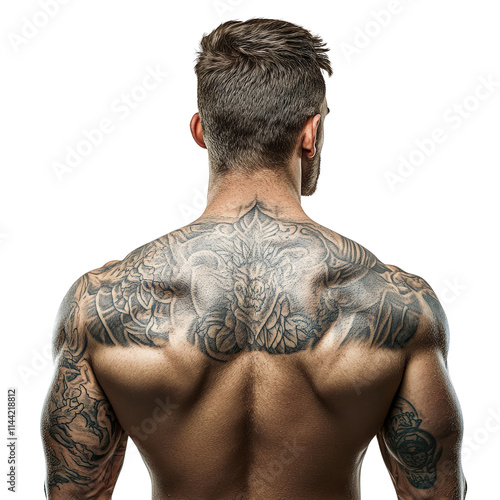 Muscular man with intricate back tattoo, showcasing detailed artwork and strong physique. tattoo features dragon design, emphasizing strength and artistry