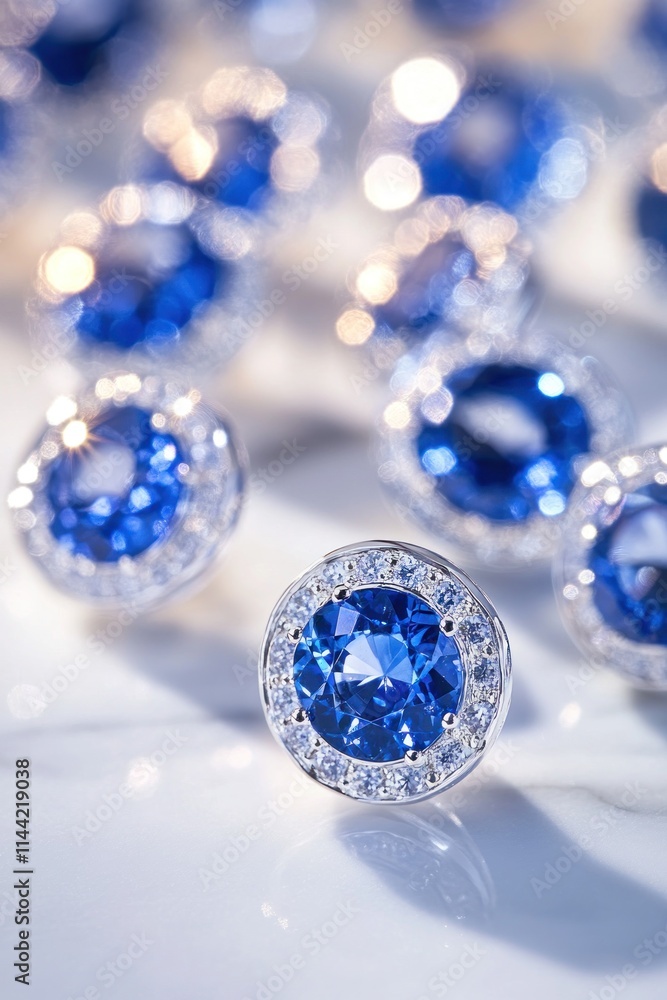 Blue sapphires with diamond halos on a marble surface. Blue sapphires with diamond halos on a marble surface.