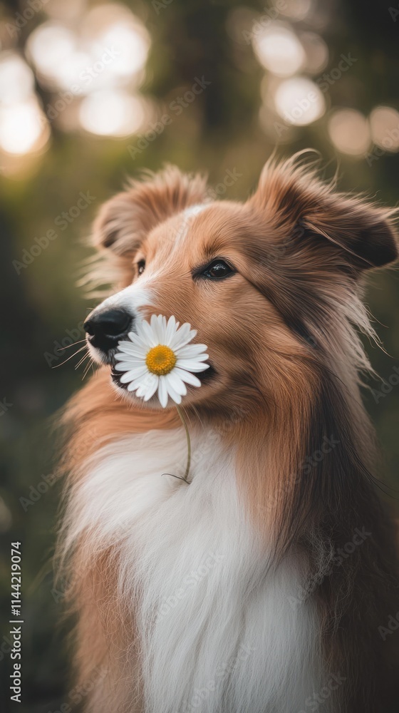 Fluffy brown dog holding daisy flower in mouth outdoor. Fluffy brown dog holding daisy flower in mouth outdoor.
