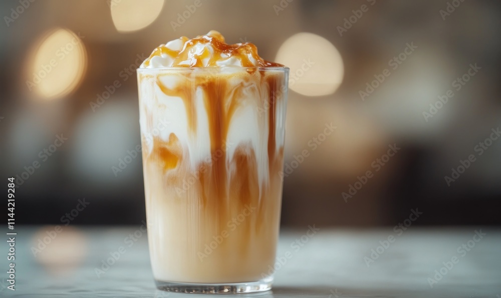 Caramel iced coffee with whipped cream, layered drink. Caramel iced coffee with whipped cream, layered drink.