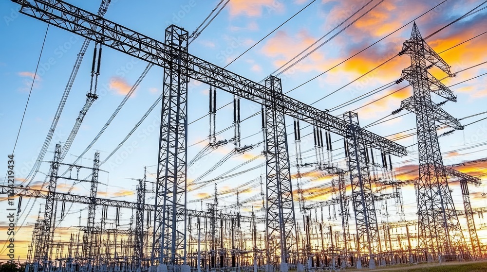 Power Distribution Network Electrical Substation at Sunset with Transmission Towers and Switchgear Power Distribution Network Electrical Substation at Sunset with Transmission Towers and Switchgear
