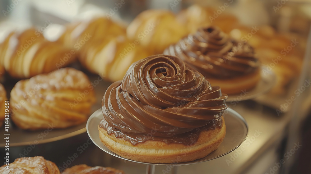 A Display Case In The Bakery Showcasing A Variety Of Pastries, Cakes, And Chocolates, With A Focus On Chocolate-Swirled Cream Puffs A Display Case In The Bakery Showcasing A Variety Of Pastries, Cakes, And Chocolates, With A Focus On Chocolate-Swirled Cream Puffs