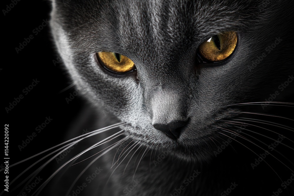 Gray cat close-up, yellow eyes, dark background. Gray cat close-up, yellow eyes, dark background.