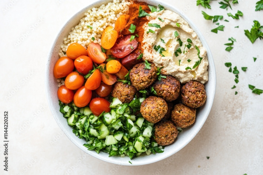 Colorful vegan bowl with falafel, hummus, tomatoes, cucumbers, bulgur. Colorful vegan bowl with falafel, hummus, tomatoes, cucumbers, bulgur.