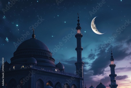 Islamic Mosque Dome with Crescent Moon and Star Background. Ramadan  Eid  Islamic New Year. photo