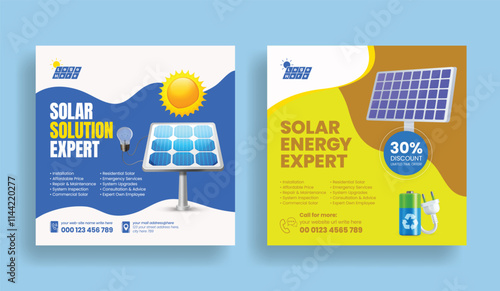 Solar panel installation and repair service social media post ads editable template, ecology website banner template, Solar power square flyer or poster design